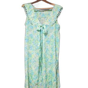 Vintage 60s Floral Babydoll Dress Green Blue Cottagecore Lounge House Dress